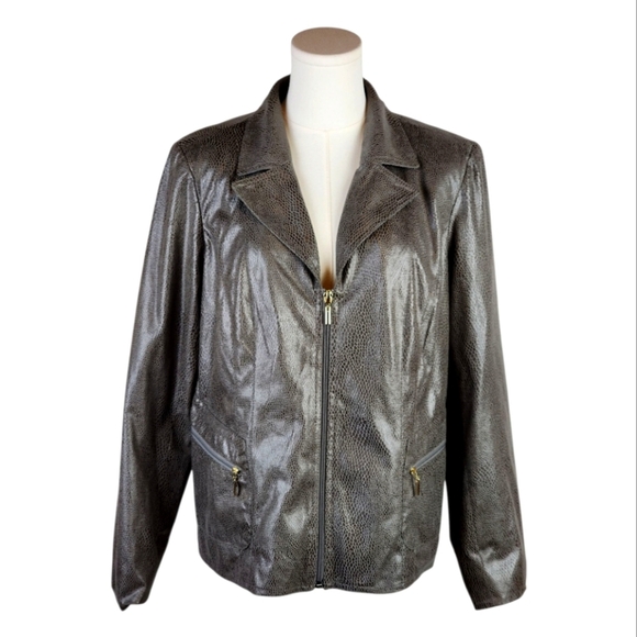 JM Collection Faux Leather Snakeskin Moto Jacket Gray Metallic Size 10 - Picture 1 of 8